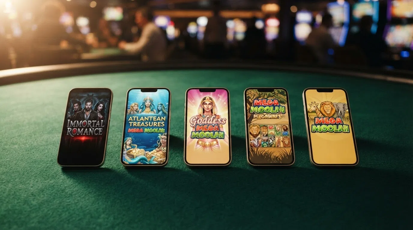 Grid of Mega Moolah variant slot title cards — Immortal Romance, Atlantean Treasures, Goddess, Megaways, and the original — arranged side by side