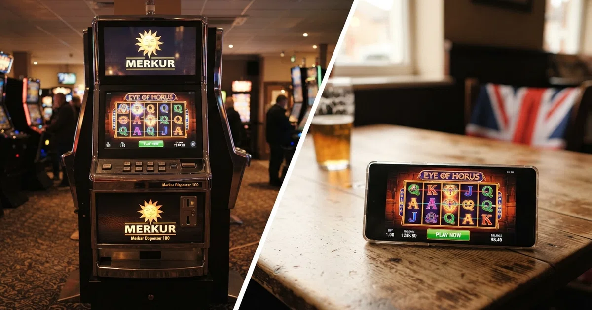 A split composition showing a Merkur Gaming slot machine cabinet on one side and a smartphone displaying an online Merkur slot game on the other, with the Union Jack flag visible in the background