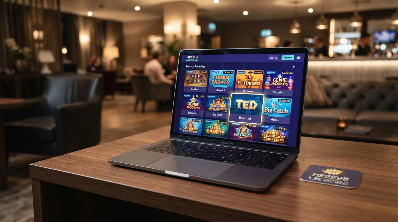 A desktop and mobile screen side by side showing the game lobbies of two different UK-licensed casino sites, each with a Blueprint Gaming slot tile highlighted