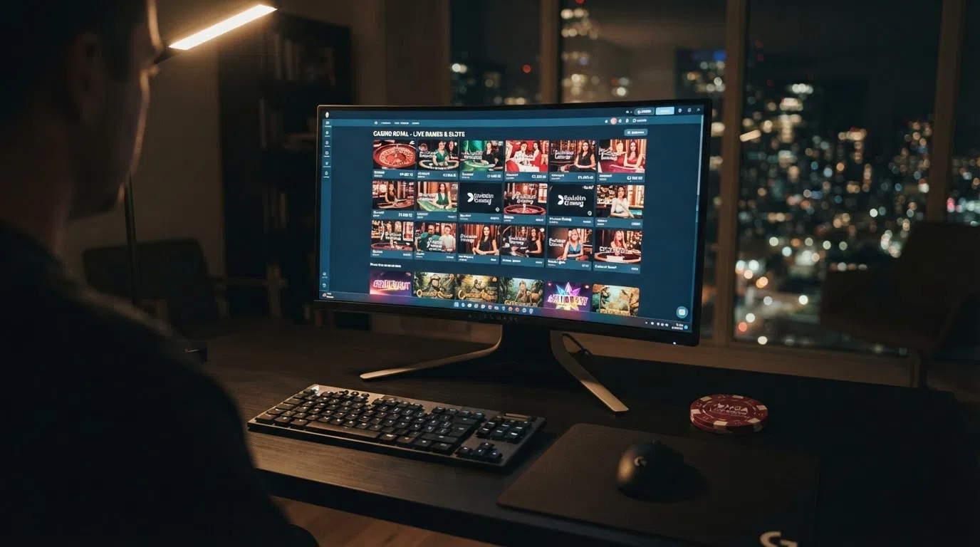 A grid of slot thumbnails and a live-dealer roulette table interface from an MGA-licensed casino