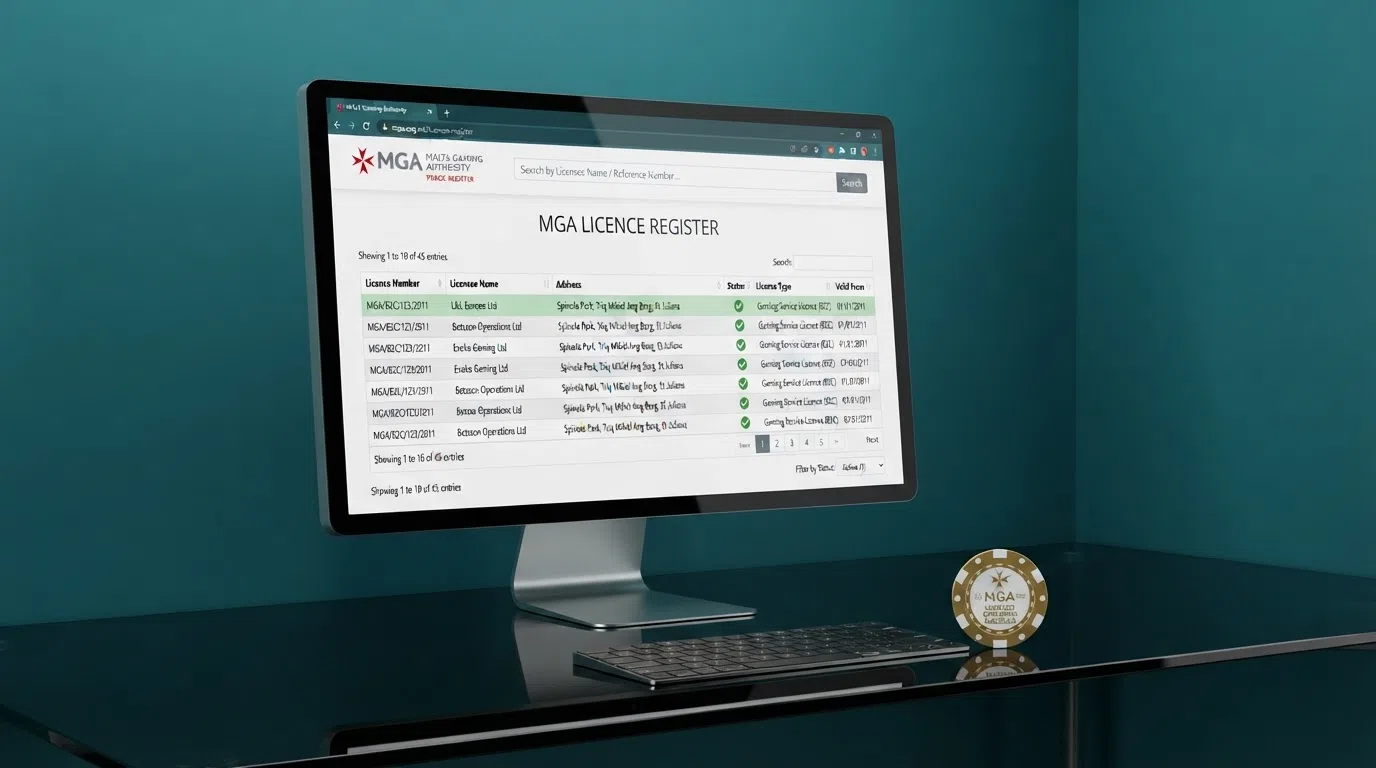 The MGA Licensee Register search interface at the MGA's public register showing a sample operator entry with active licence status