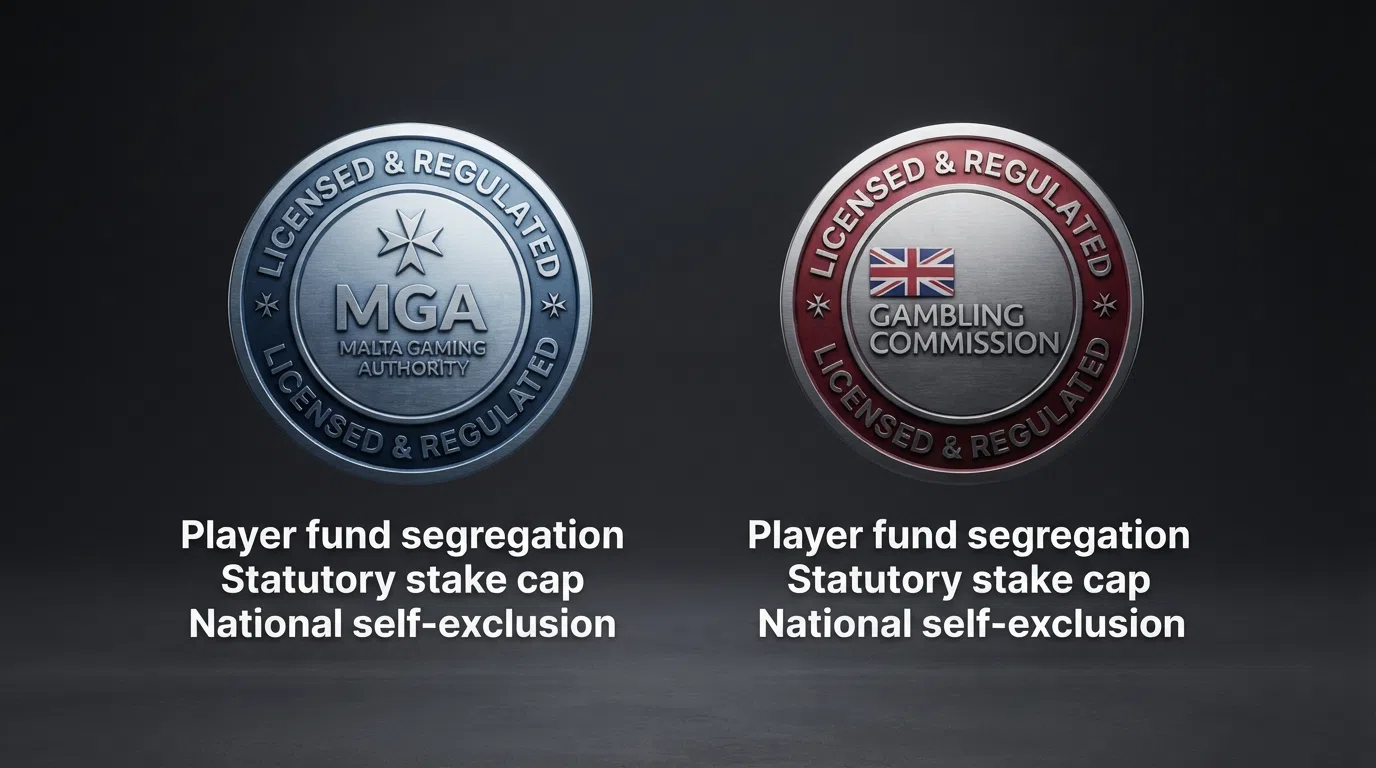 A side-by-side comparison infographic of MGA and UKGC licence seals with key protection features listed beneath each