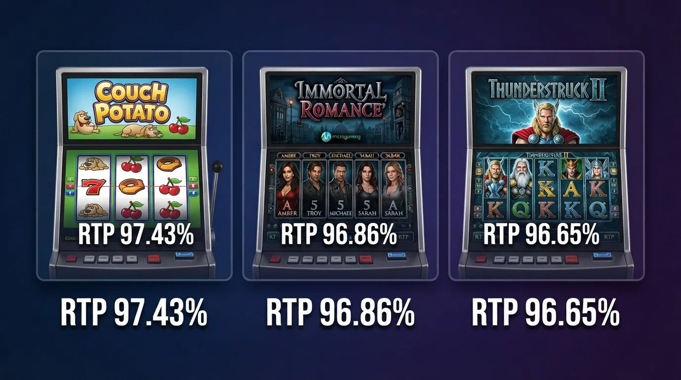 A split-screen comparison of three Microgaming slot reels — Couch Potato, Immortal Romance and Thunderstruck II — with their RTP percentages overlaid on each panel