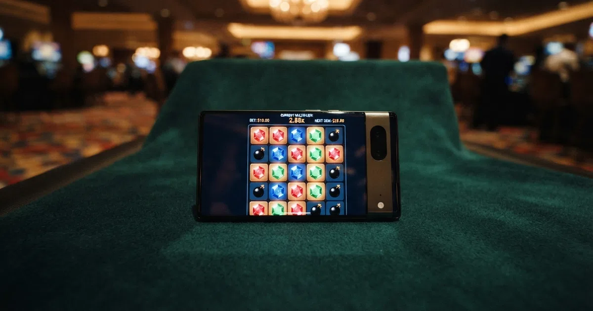 A 5×5 grid with several tiles revealed showing gem symbols and multipliers, and a row of mine-count selector buttons beneath it, on a dark casino-game background.
