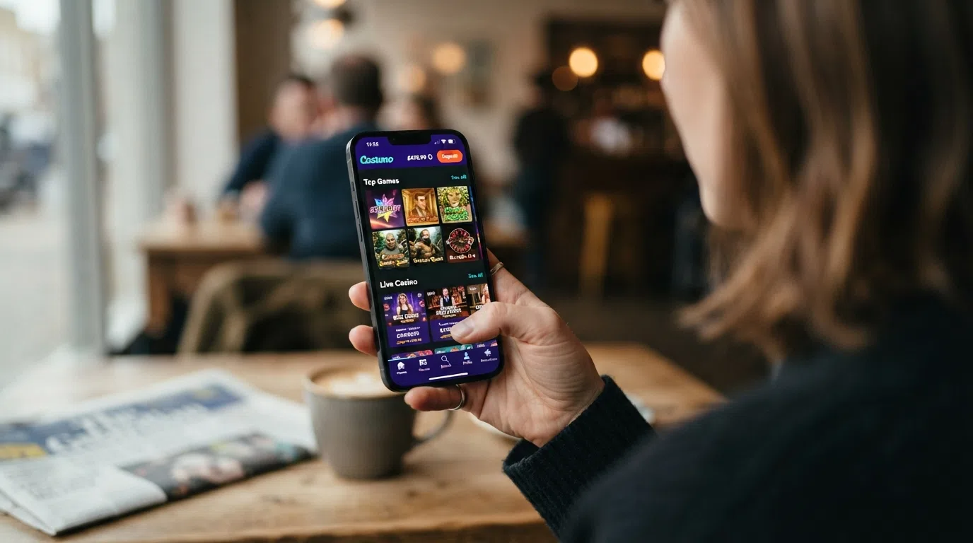 A hand holding a smartphone in portrait orientation showing a UK casino mobile-app lobby with game tiles and a deposit button