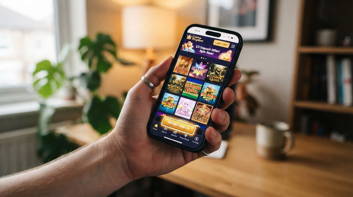 A hand holding a smartphone with a UK casino lobby open in a mobile browser showing slot thumbnails and a £5 deposit button