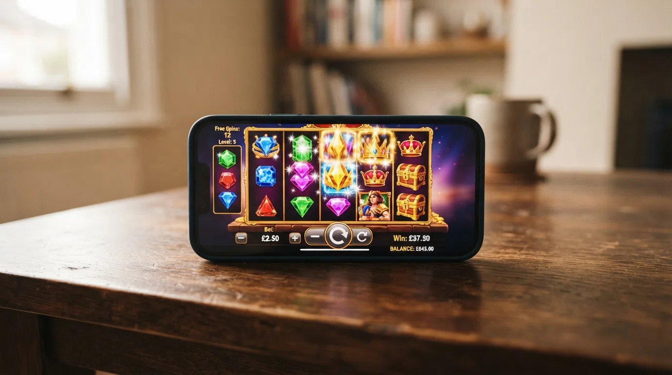 A smartphone held in landscape orientation displaying a jackpot slot reels-and-bonus-wheel layout, with the balance, stake selector and spin button visible along the bottom edge