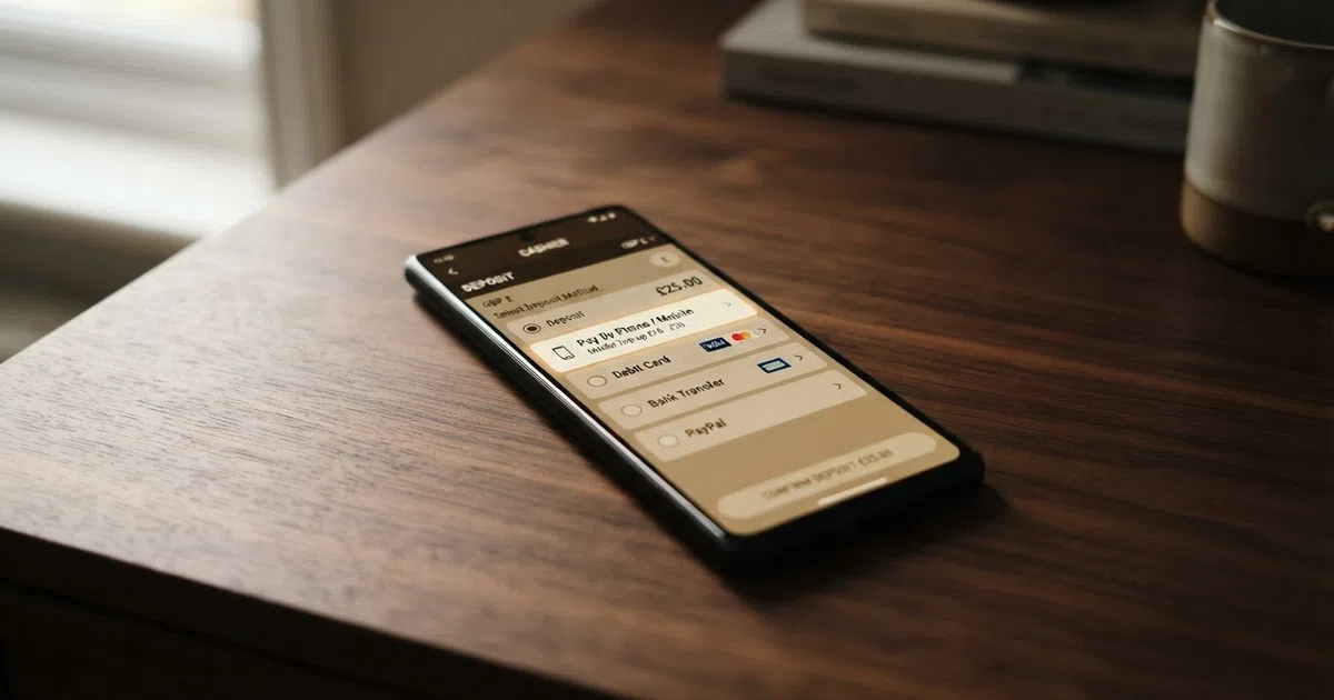 A UK online casino deposit screen showing pay-by-phone and mobile top-up options alongside debit card and e-wallet choices in the cashier menu