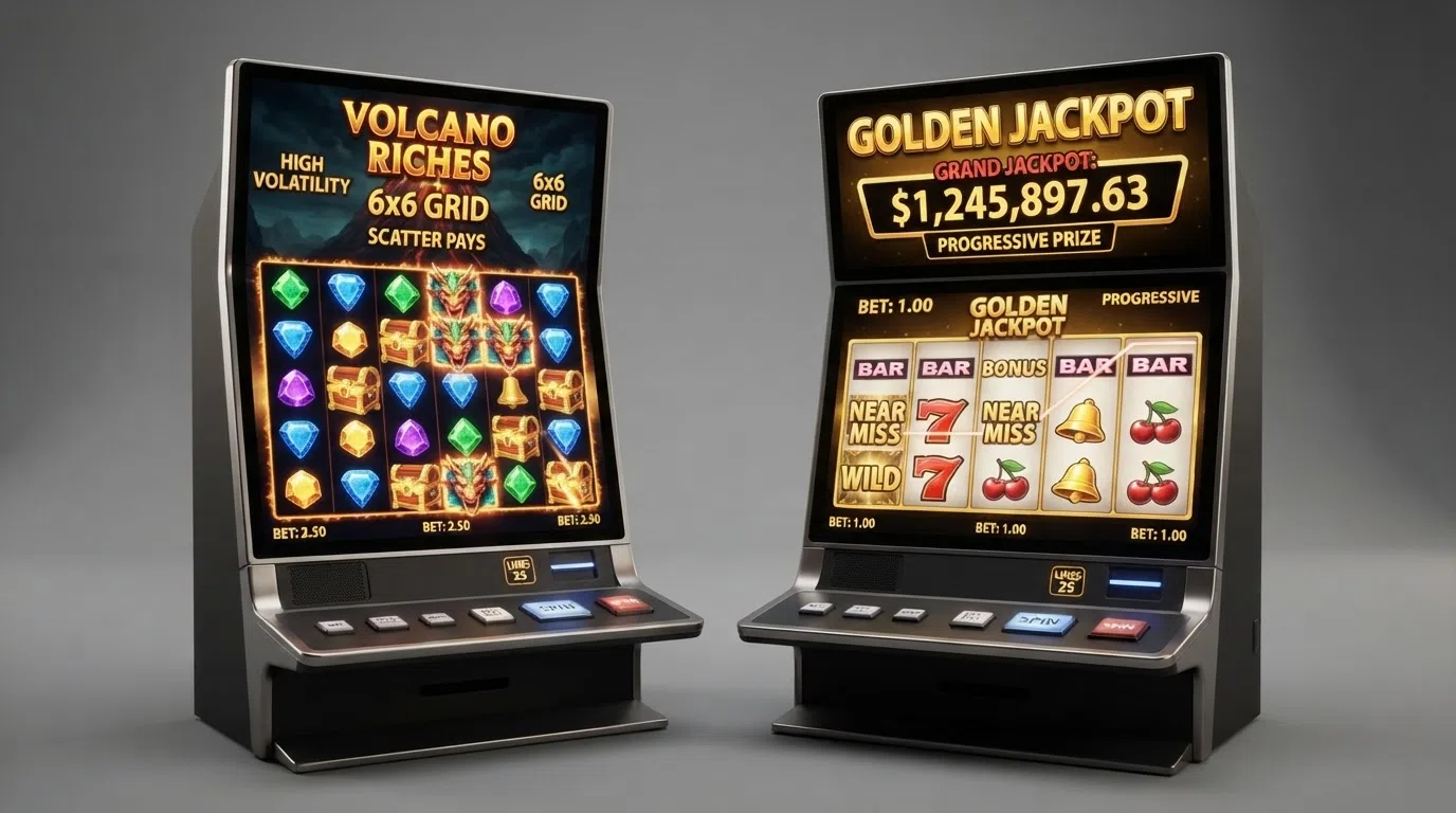 A side-by-side view of two slot reels — Money Train 4 on the left with its 6×6 scatter-pays grid and a Dream Drop jackpot slot on the right with the progressive prize meter visible above the reels