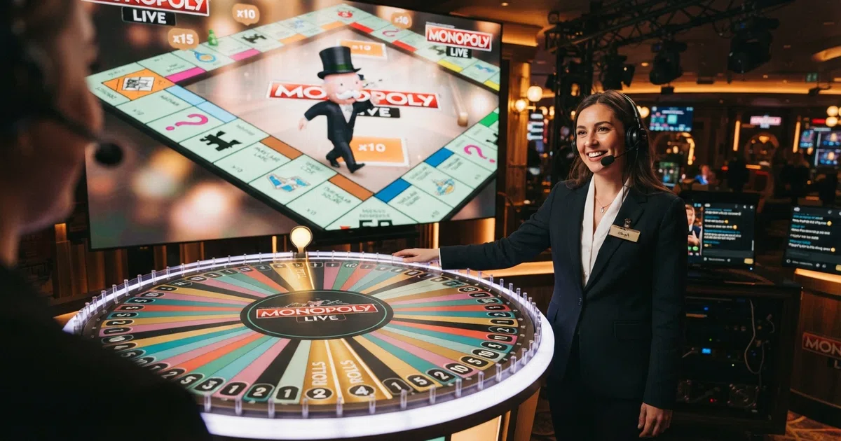 A live dealer in an Evolution Gaming studio stands beside a glowing Monopoly Live money wheel, with the augmented-reality 3D Monopoly board visible behind her displaying Mr Monopoly and property multipliers.