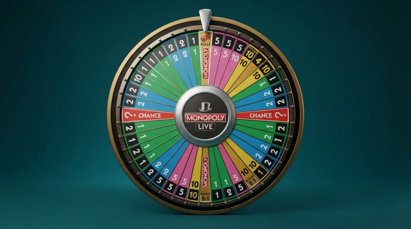 A labelled diagram of the 54-segment Monopoly Live wheel showing the distribution of segments: 22 for number 1, 15 for number 2, 7 for number 5, 4 for number 10, 3 for 2 Rolls, 1 for 4 Rolls, and 2 for Chance.