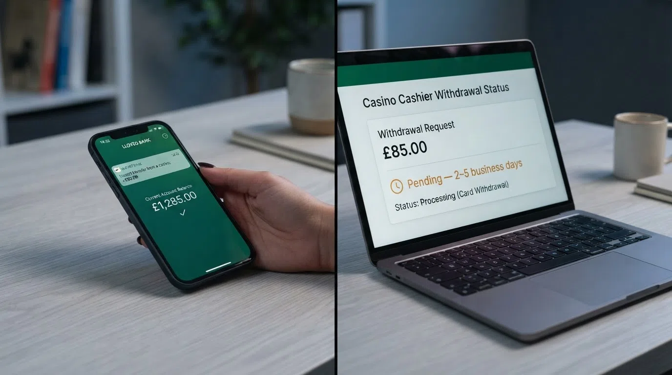 A split-screen comparison showing a Pay by Bank deposit confirmation timestamped at under 15 minutes next to a card-rail withdrawal status still marked pending after two days
