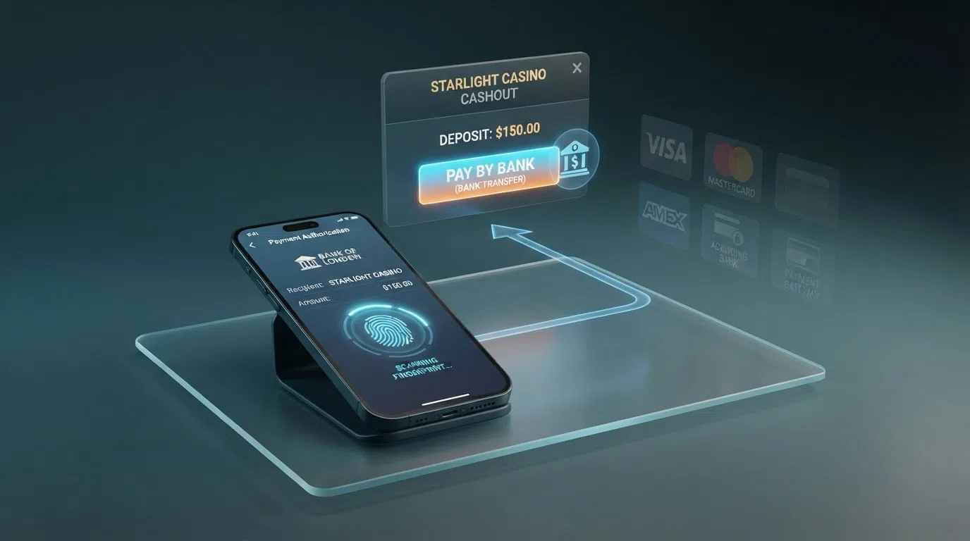 A simplified diagram of the Open Banking payment flow from a Monzo app to a casino cashier, skipping the card-network and acquiring-bank hops