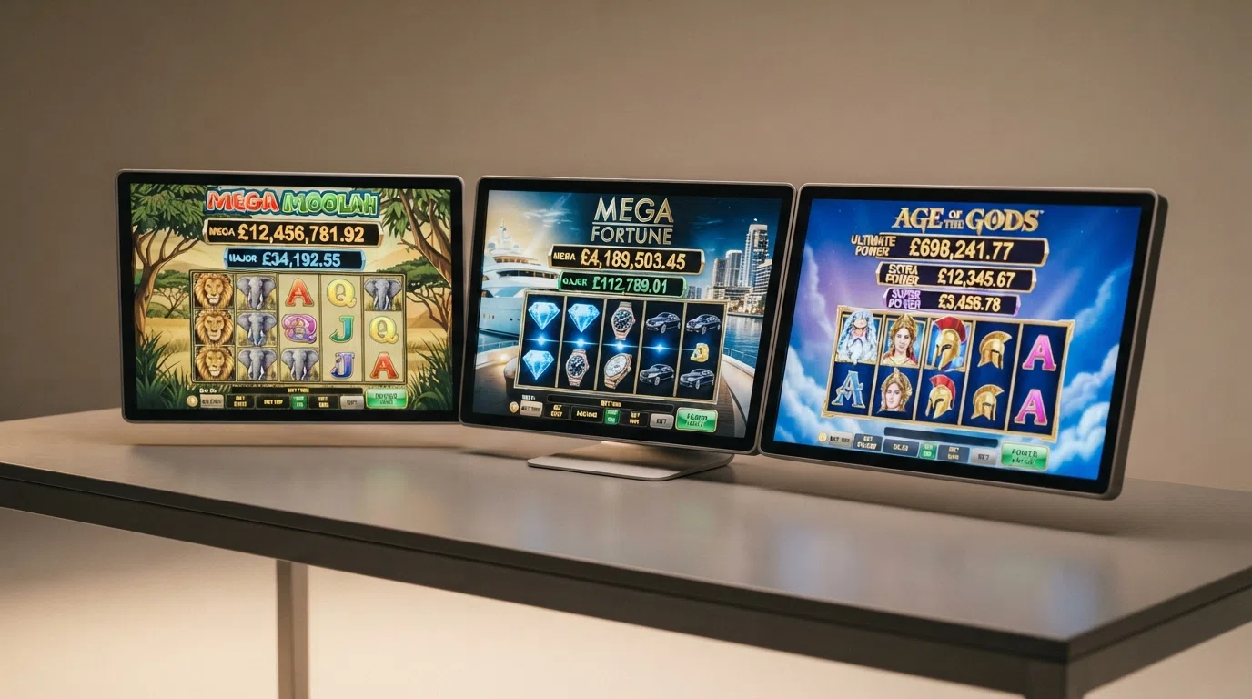 Mega Moolah, Mega Fortune, and Age of the Gods title screens arranged side by side with their current jackpot totals above each one