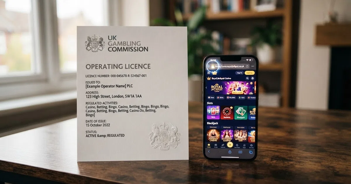 A UK Gambling Commission licence certificate beside a smartphone showing a casino lobby with a padlock icon in the address bar