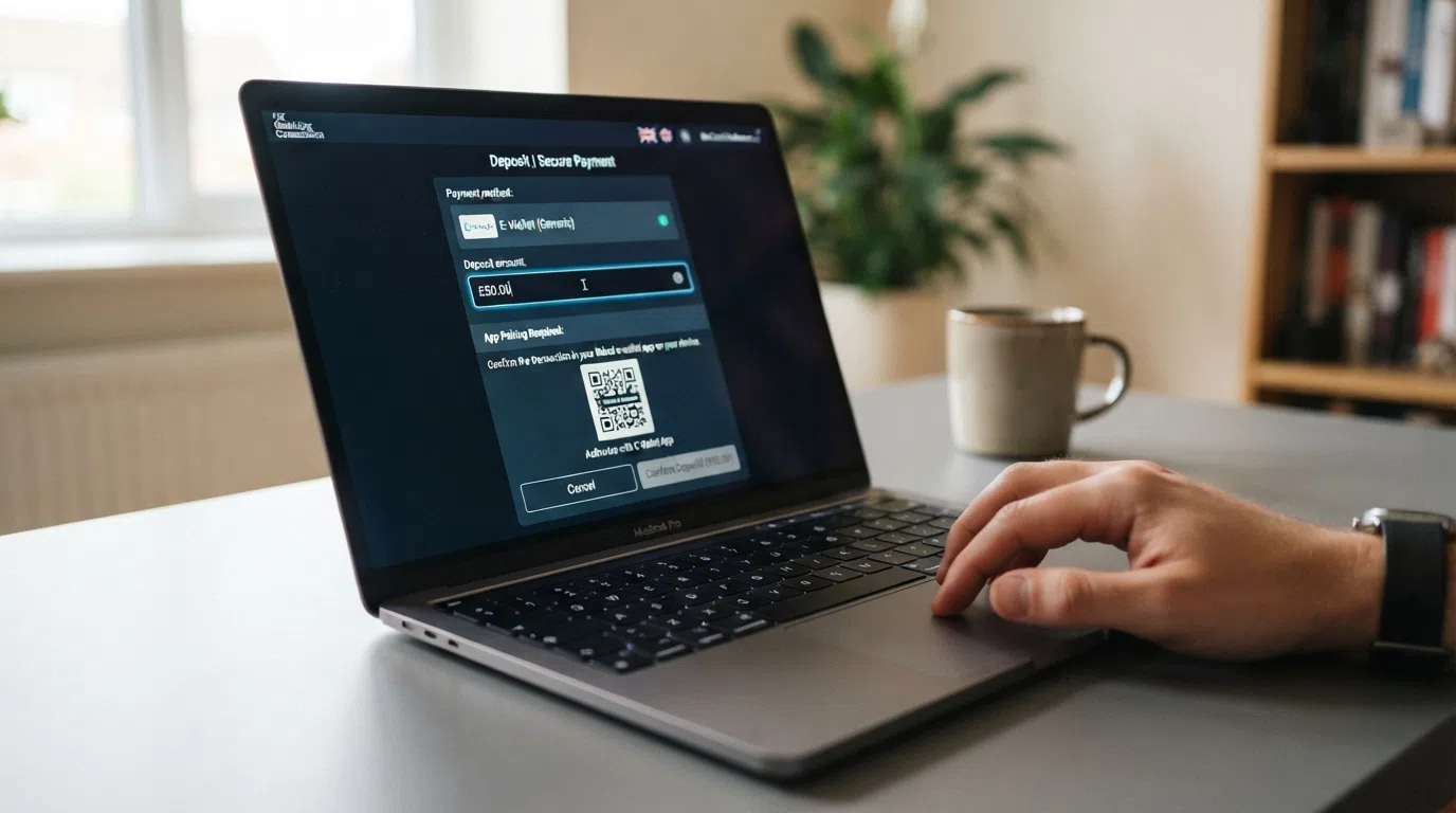 A UK online casino cashier screen with MuchBetter selected as the payment method, showing the deposit amount entry field and the app-pairing instruction
