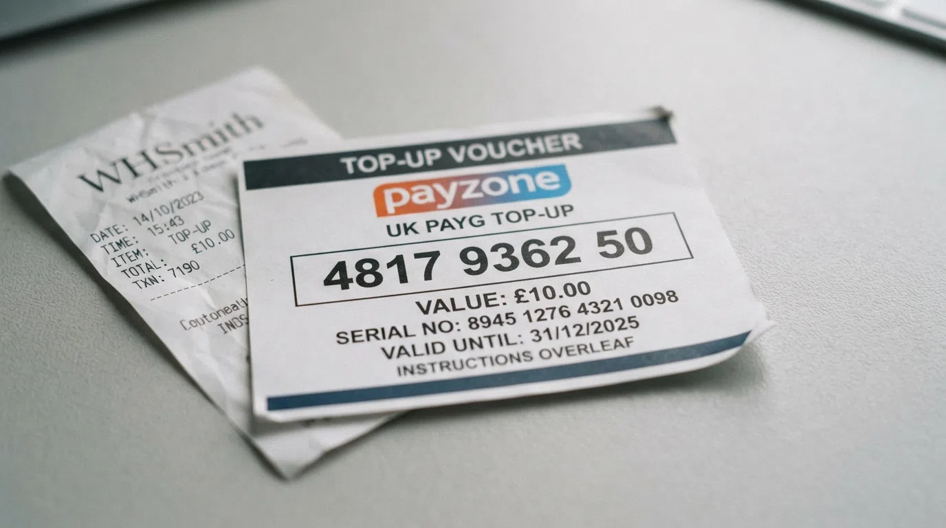A close-up of a Neosurf voucher showing its unique 10-digit PIN code and the purchase receipt