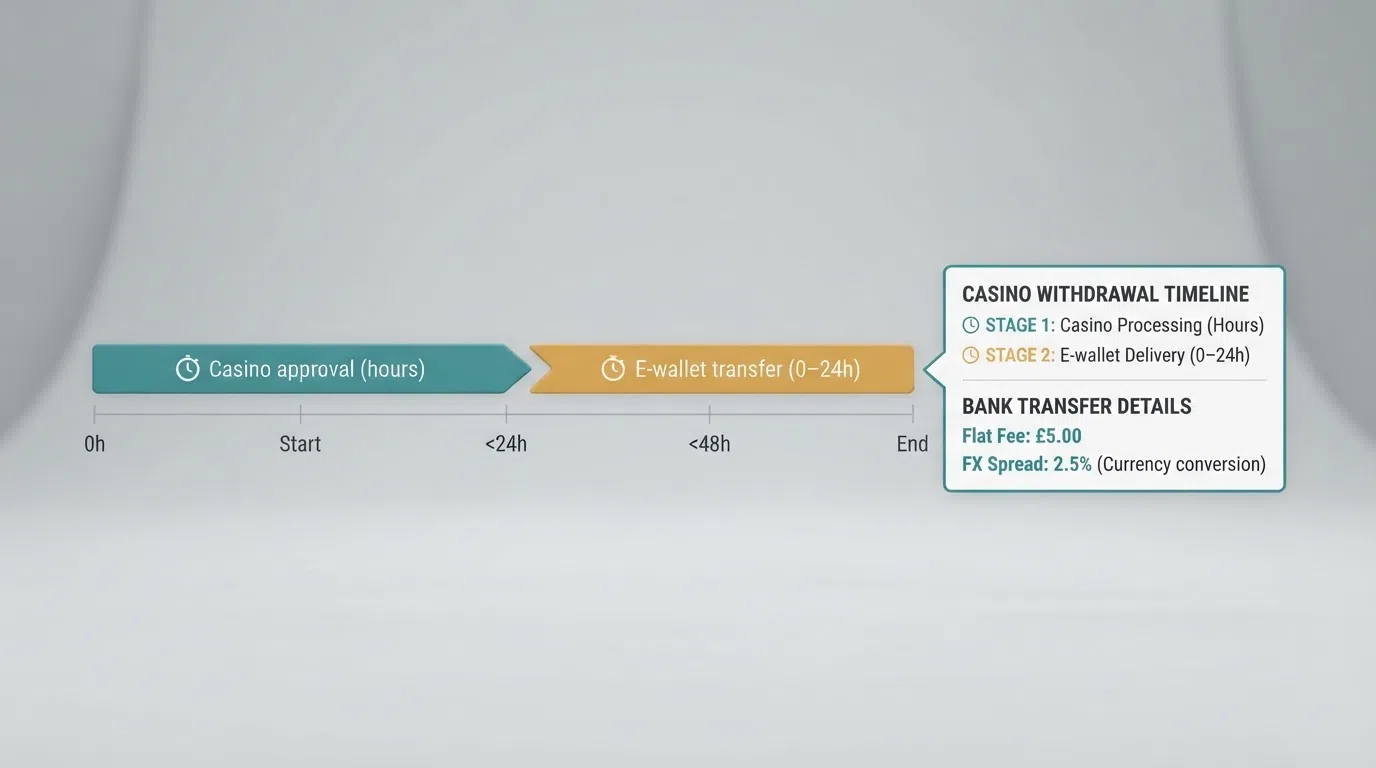 A horizontal timeline graphic showing the two-stage withdrawal flow — casino approval (hours) then Neteller transfer (0–24h), with a fee callout at the bank end