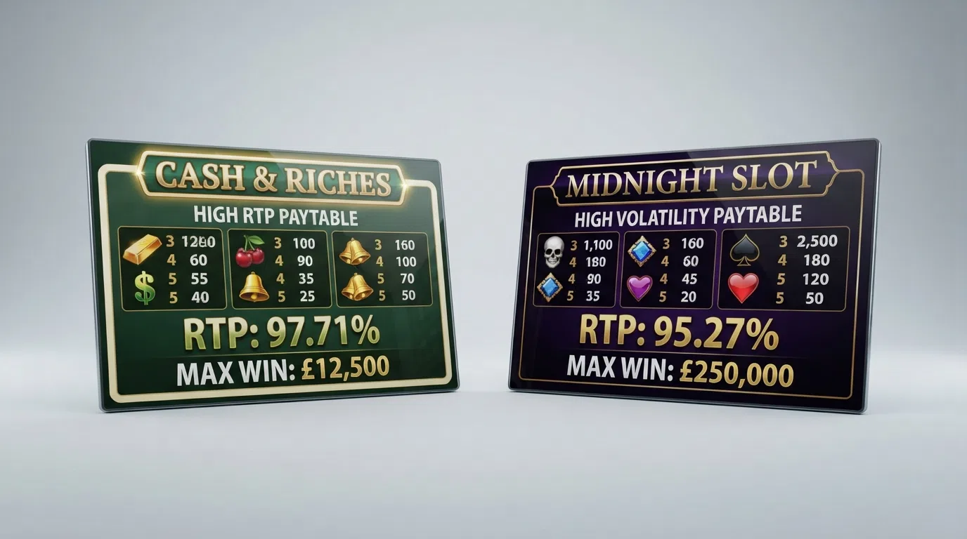 A side-by-side browser view of two NetGame slot paytables, one showing a high-RTP title's return percentage and the other a high-volatility title's max win figure