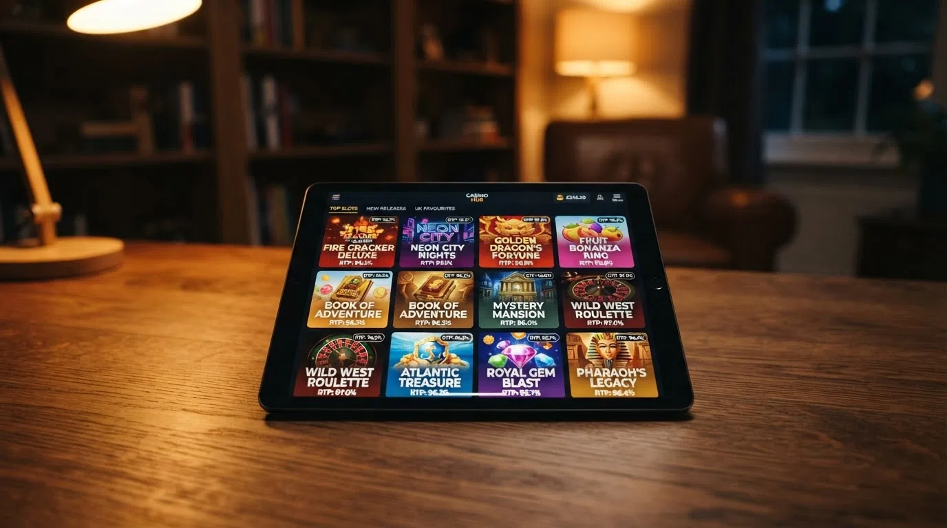 A screenshot of a slot-game lobby from a featured UK casino showing game tiles for Big Bass Splash, Big Bass Bonanza and Ancient Fortunes Poseidon Megaways