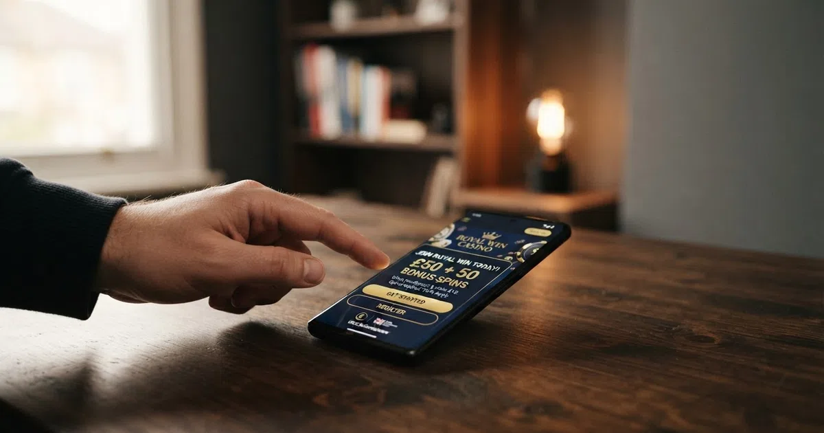 A smartphone showing a new UK online casino's sign-up screen with a free-spins welcome offer