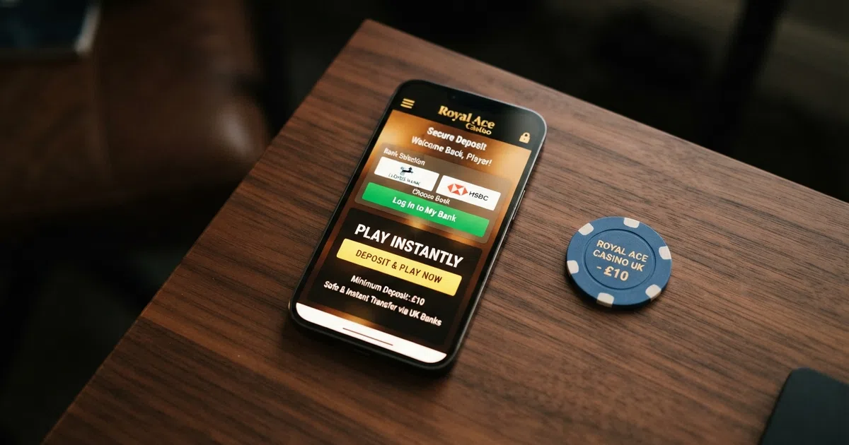 A smartphone showing a casino deposit screen with a bank login button and a “play instantly” prompt