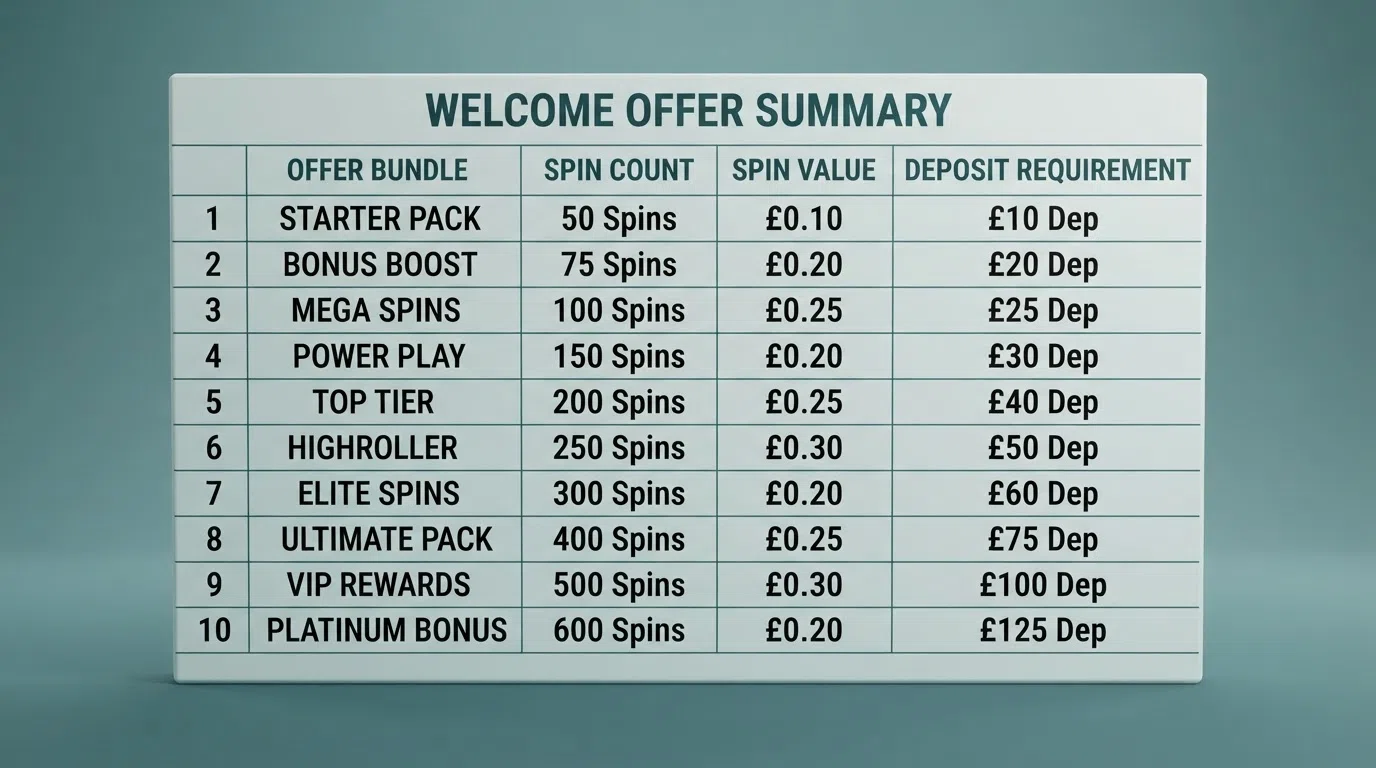 A side-by-side comparison table of ten UK casino welcome offers listing spin counts and wagering