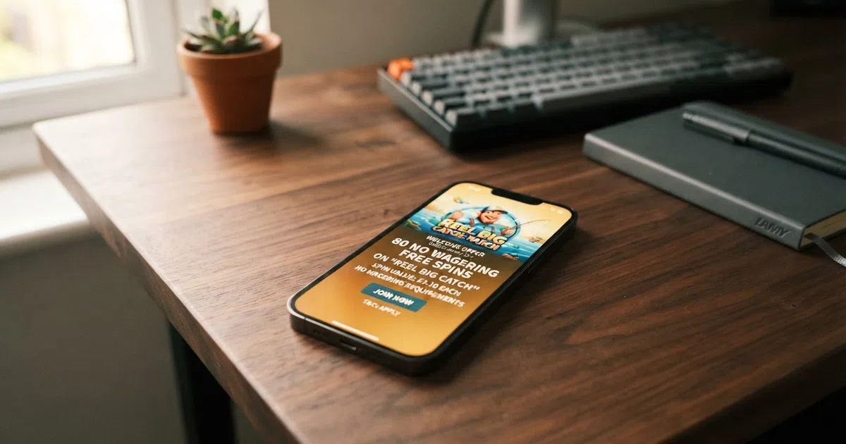 A UK-licensed online casino welcome screen displaying a no-wagering free spins promotion on a smartphone, with the key terms — spin count, £0.10 value and “no wagering requirements” — visible in the offer card
