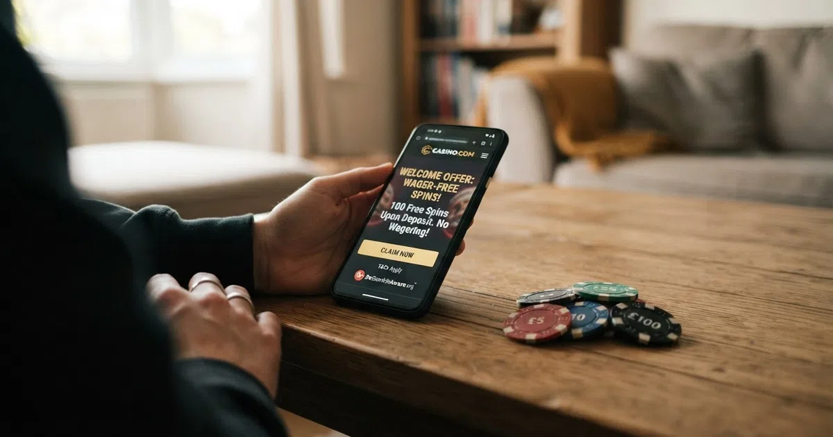 A smartphone screen showing a UK online casino lobby with a highlighted welcome-offer banner displaying “No Wagering Requirements — Keep What You Win” beside a stack of gold coins