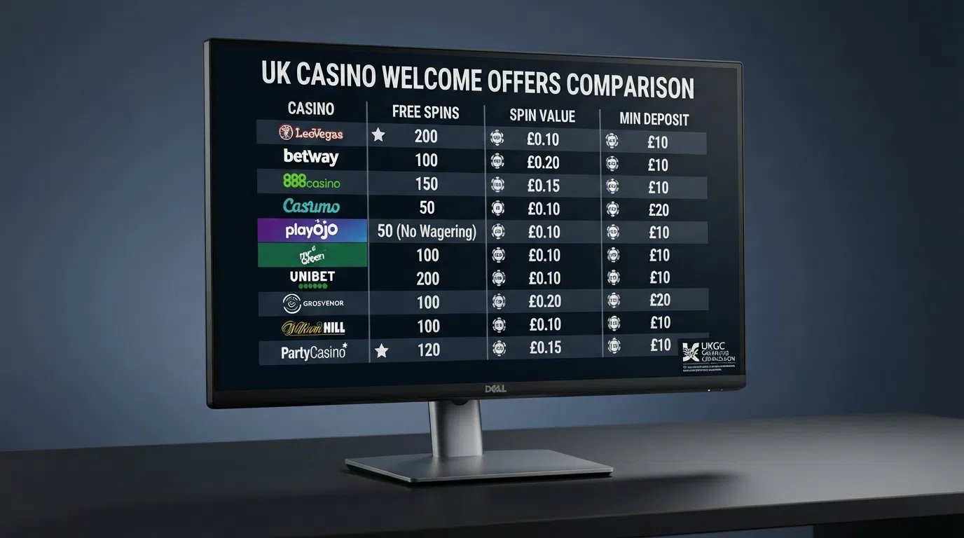 A side-by-side grid layout comparing the free-spin counts, spin values and minimum deposits of ten UK casino welcome offers, arranged on a desktop display with the UKGC logo visible