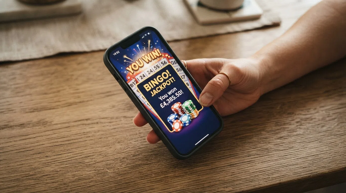 A phone screen showing a bingo win balance paid out in cash