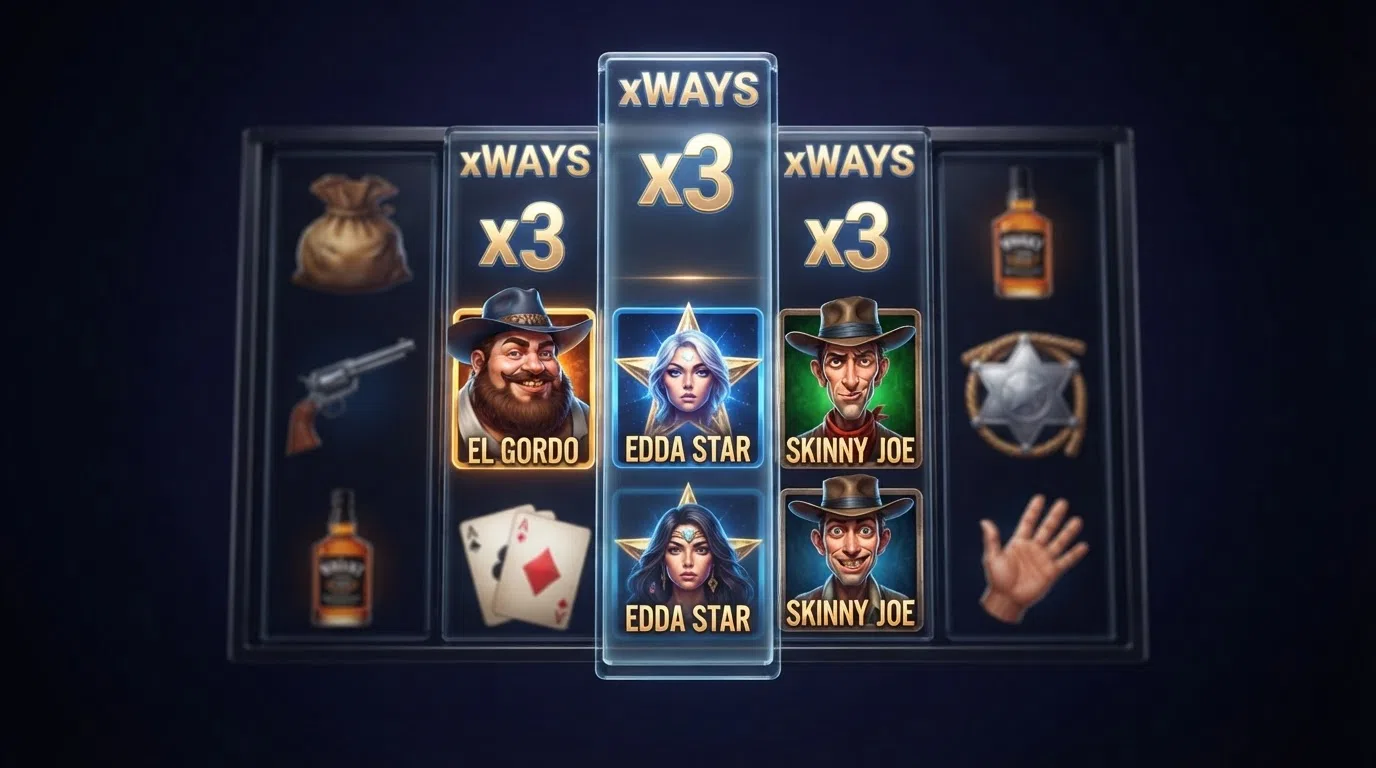 A Nolimit City slot game screen mid-spin showing xWays reel expansion with multiple symbols occupying a single reel position