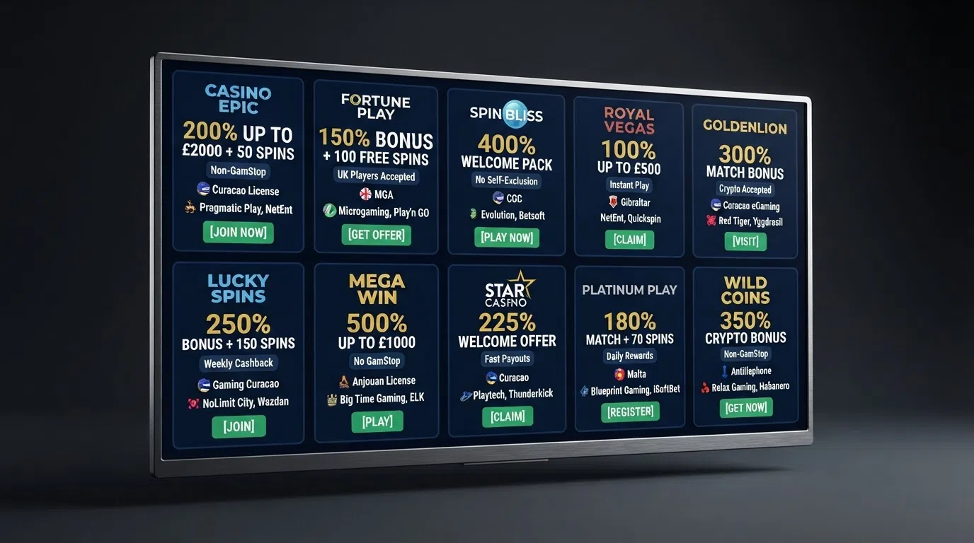 A comparison grid of ten casino bonus offers, licence badges and game-provider logos arranged on a screen