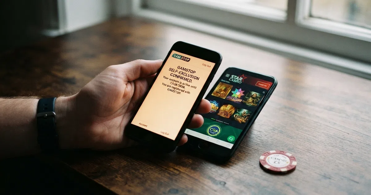 A split-screen comparison showing a UK smartphone displaying a GamStop self-exclusion confirmation screen on the left and a Curacao casino game lobby on the right, with the CGA green seal visible in the casino footer