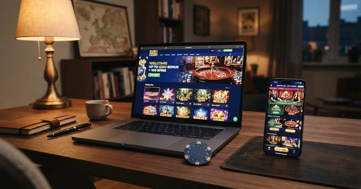 A desktop screen and a mobile phone displaying European online casino homepages side by side, with visible game lobbies, licence badges and welcome-offer banners