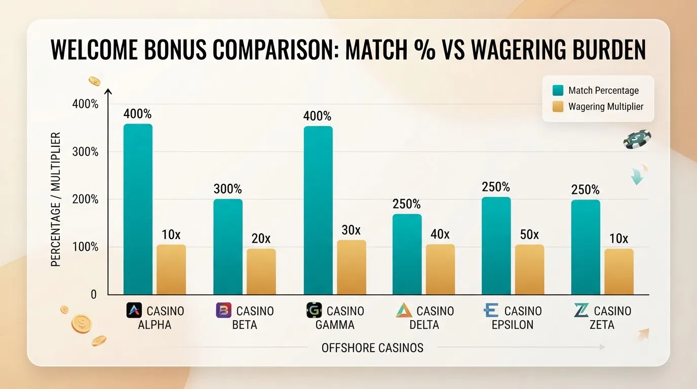 A bar chart ranking ten casino names by their welcome-bonus match percentage, with a second bar overlaid showing the wagering multiplier for each, making visible the inverse relationship between headline match rate and wagering burden