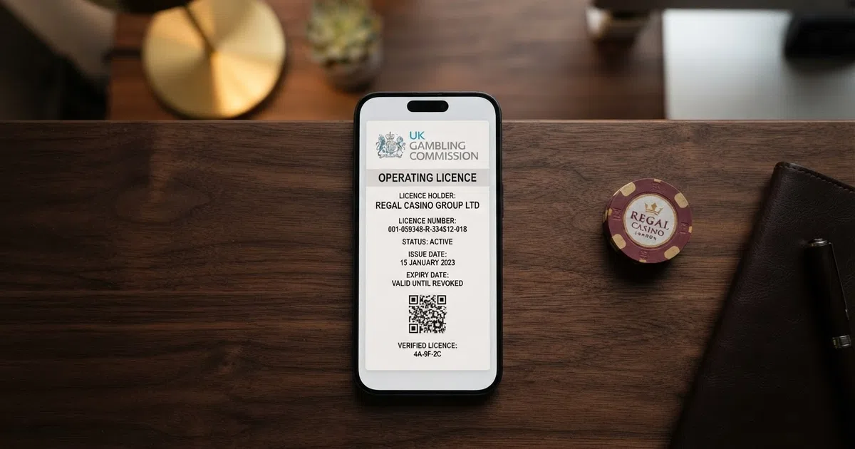 A close-up of a casino licence certificate displayed on a screen with a regulator seal and a unique licence number visible