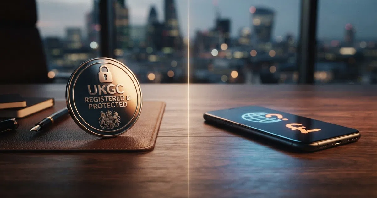 A split illustration: on the left side a UKGC badge with a padlock icon and the label “Registered and Protected”; on the right side a globe icon with a question mark labelled “Outside UK Regulation”