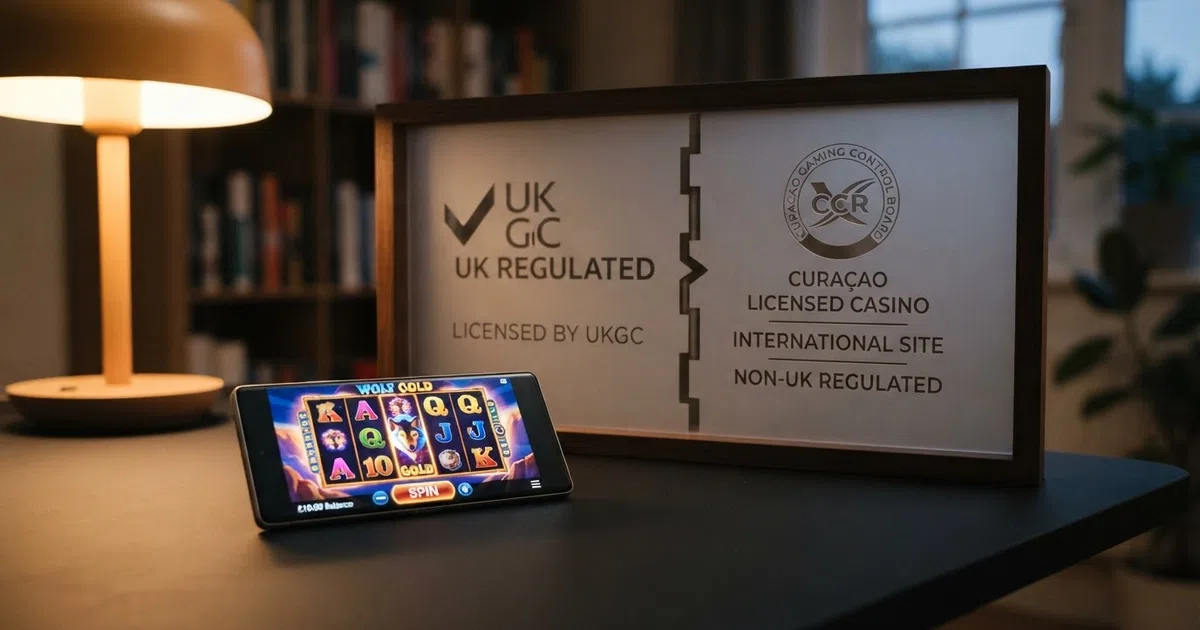 A split illustration: one half shows a UK Gambling Commission licence badge, the other a Curaçao-licensed offshore casino sign standing outside the UK border
