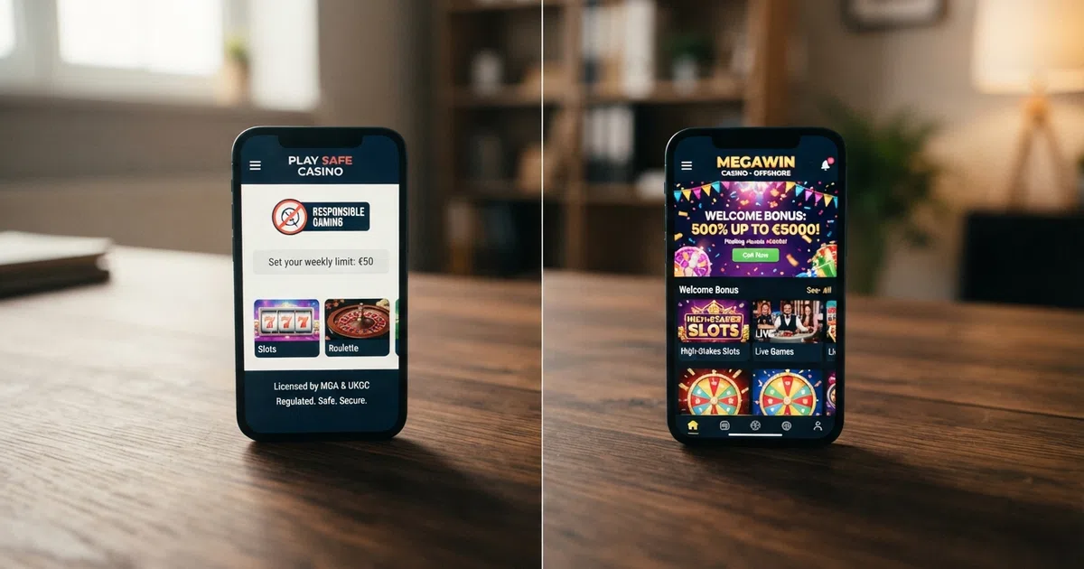 A split-screen comparison showing a UKGC-licensed casino interface with a visible GamStop badge, deposit-limit prompt and licence number in the footer, set against a non-UKGC casino interface showing a large welcome-bonus banner with no safety indicators or UK licence reference.