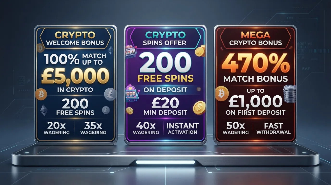A side-by-side grid of casino welcome-bonus banners showing Bitcoin amounts, free-spin counts and wagering figures