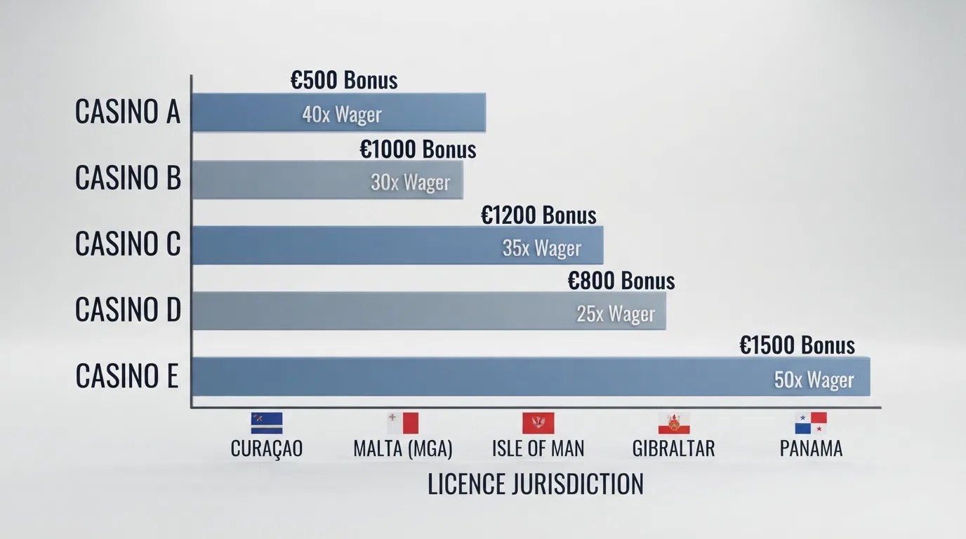 A visual comparison chart displaying casino names, licence jurisdictions, bonus amounts, and wagering requirements side by side