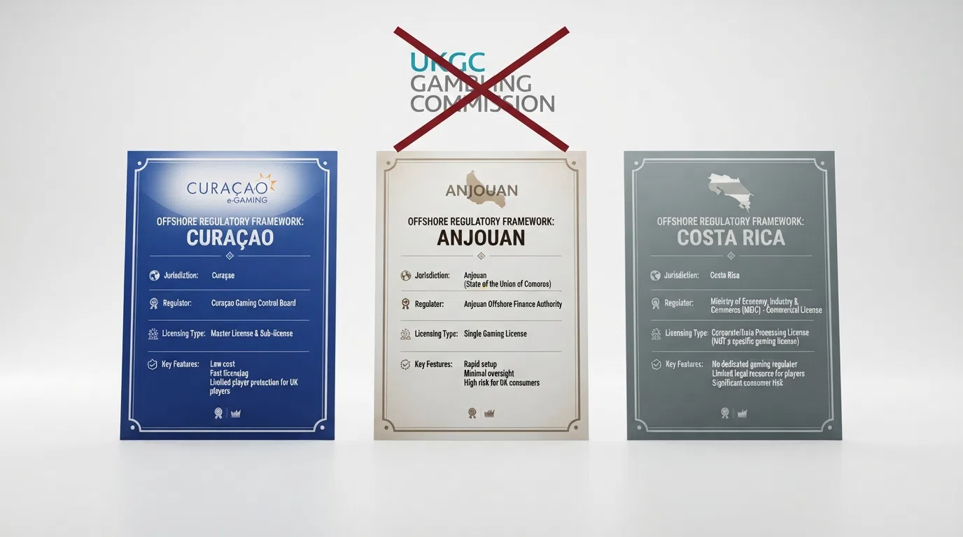 Three licence certificates or registry entries side by side — labelled Curaçao, Anjouan and Costa Rica — with the UKGC logo crossed out above them to illustrate the regulatory gap