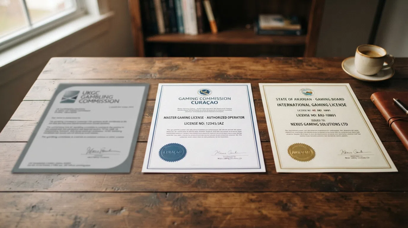 Three casino licensing certificates arranged side by side — the UKGC emblem greyed out on the left, with Curaçao and Anjouan seals in colour on the right