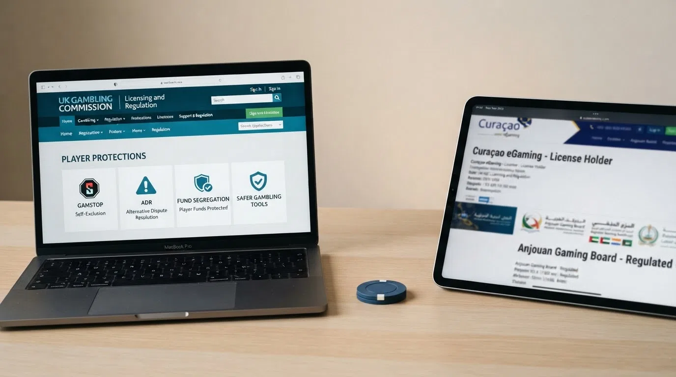 A side-by-side comparison visual contrasting the UK Gambling Commission logo and consumer-protection icons on one side with question marks over offshore licence badges from Curaçao and Anjouan on the other