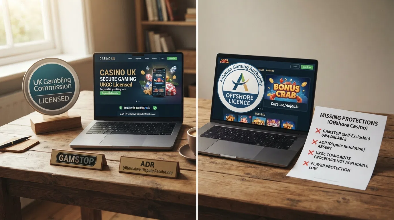 A split visual contrasting a UKGC licence badge on one side with an Anjouan Gaming Authority seal on the other, separated by a list of missing protections — GAMSTOP, ADR, Commission complaints