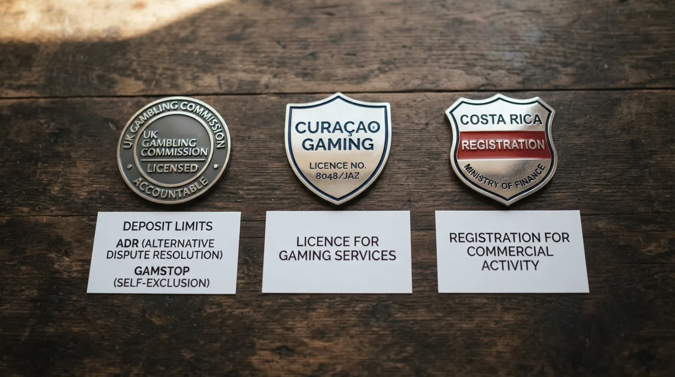 Three licence badges side by side — UKGC, Curaçao and Costa Rica — with a list of player protections beneath each, the UKGC column fully populated and the other two mostly blank
