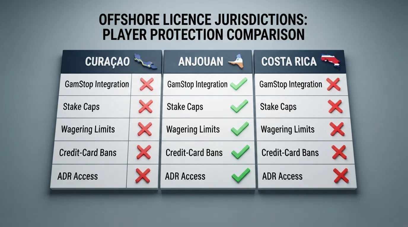 Three columns comparing the player-protection features a UKGC licence delivers (GamStop integration, £5 stake cap, 10x wagering cap, credit-card ban, ADR access) against what Curaçao, Anjouan and Costa Rica licences require, with check marks and crosses