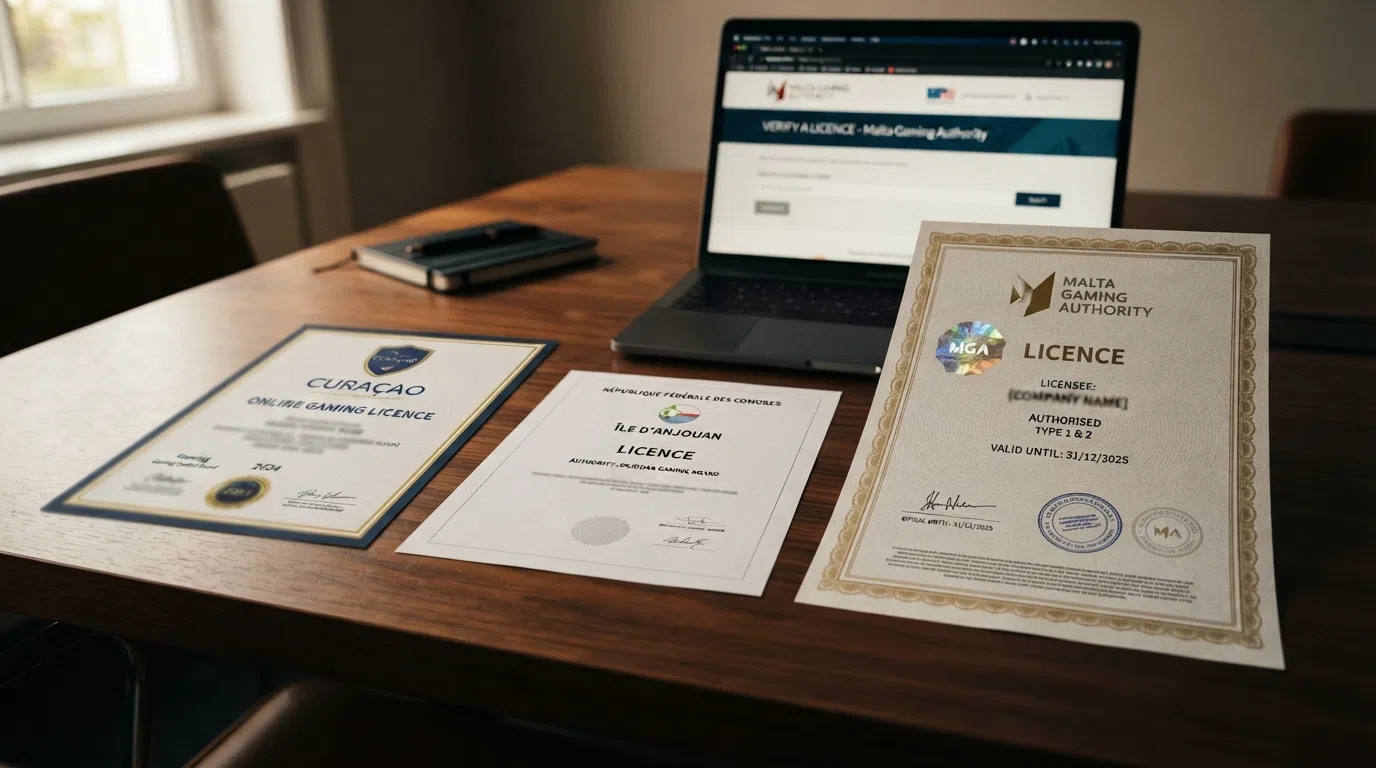 Three licence certificates displayed side by side with different visual weights: a Curaçao OGL, an Anjouan certificate, and an MGA licence — each shield or seal visibly smaller or larger to reflect the protection gap