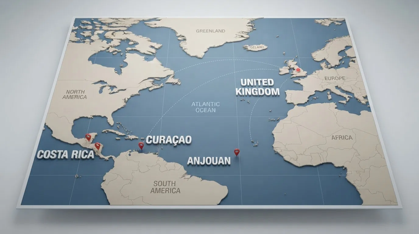 A simplified map of the Atlantic showing the UK on the right and the three dominant offshore licensing jurisdictions — Curaçao, Anjouan and Costa Rica — highlighted on the left